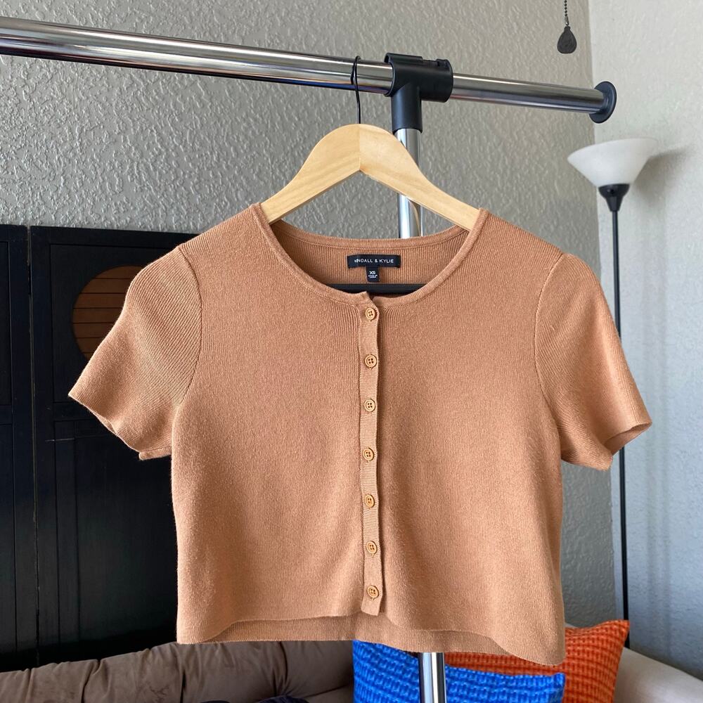 Kendall & Kylie Crop Cardigan Top Short Sleeve Brown XS Knit Sweater Top